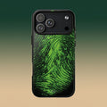 Benirre Whose iPhone 17 Pro Max phone case from the Imprint collection featuring green colour thumbprint composed by number 0 and 1.