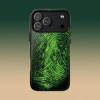 Benirre Whose iPhone 17 Pro Max phone case from the Imprint collection featuring green colour thumbprint composed by number 0 and 1.