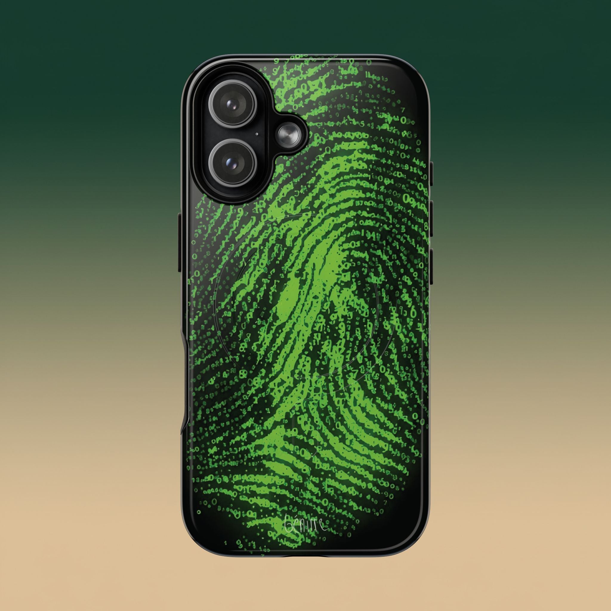 Benirre Whose iPhone 17 phone case from the Imprint collection featuring green colour thumbprint composed by number 0 and 1.