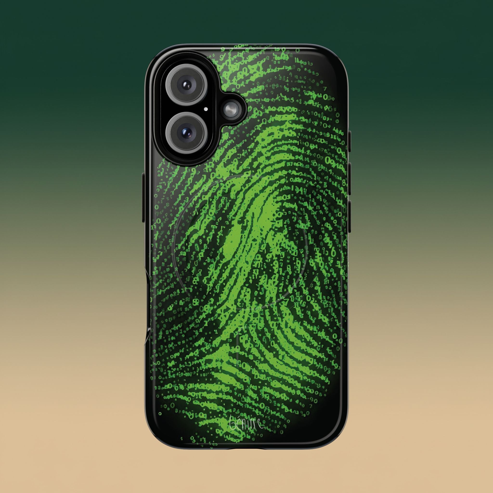 Benirre Whose iPhone 16 phone case from the Imprint collection featuring green colour thumbprint composed by number 0 and 1.