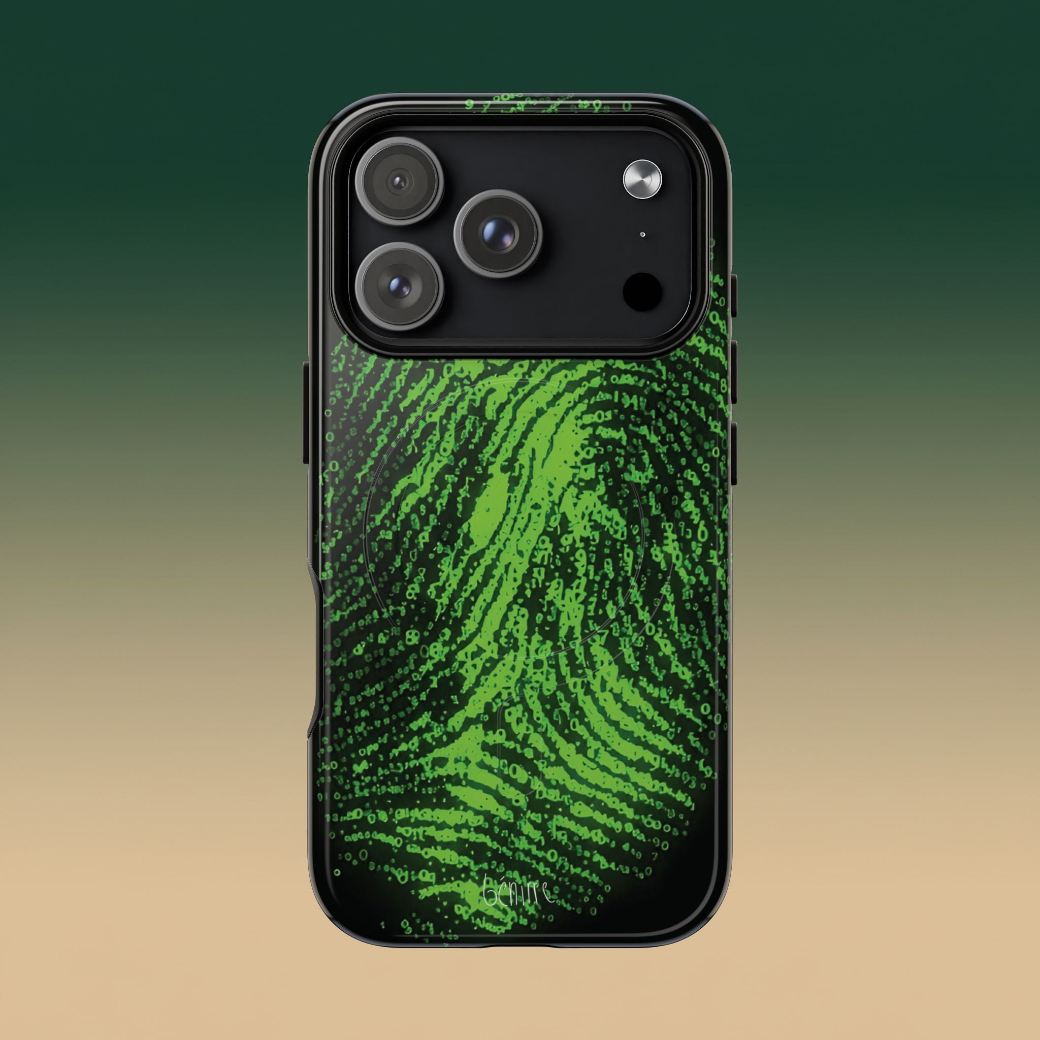 Benirre Whose iPhone 17 Pro phone case from the Imprint collection featuring green colour thumbprint composed by number 0 and 1.