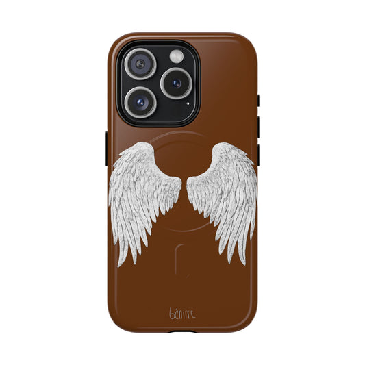 Phone case with white angel wings design on a brown background