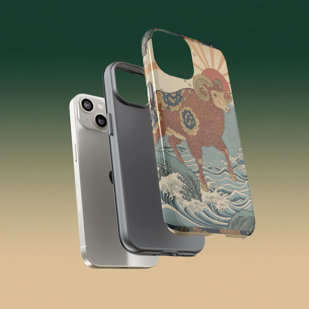 Benirre iPhone 14 Phone case with an Aries sheep design in Japanese art style.