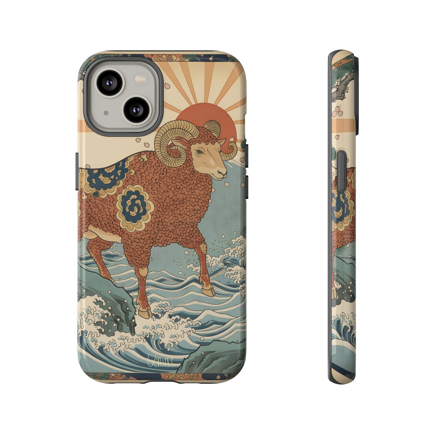 Benirre iPhone 14 Phone case with an Aries sheep design in Japanese art style.