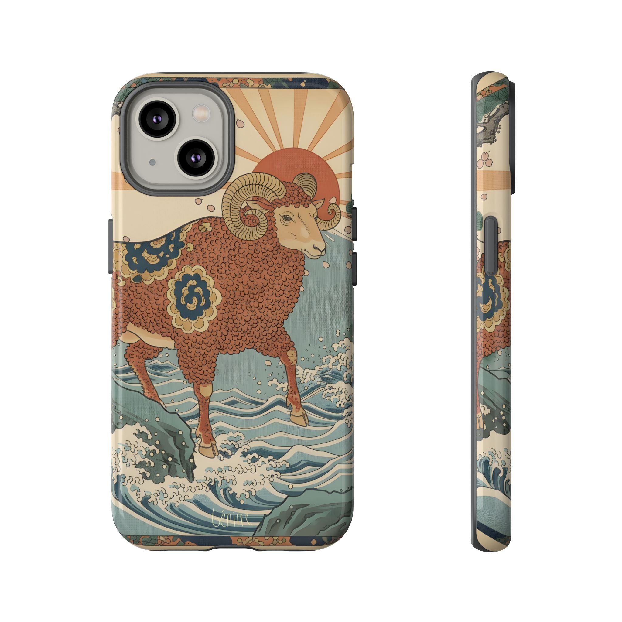 Benirre iPhone 14 Phone case with an Aries sheep design in Japanese art style.