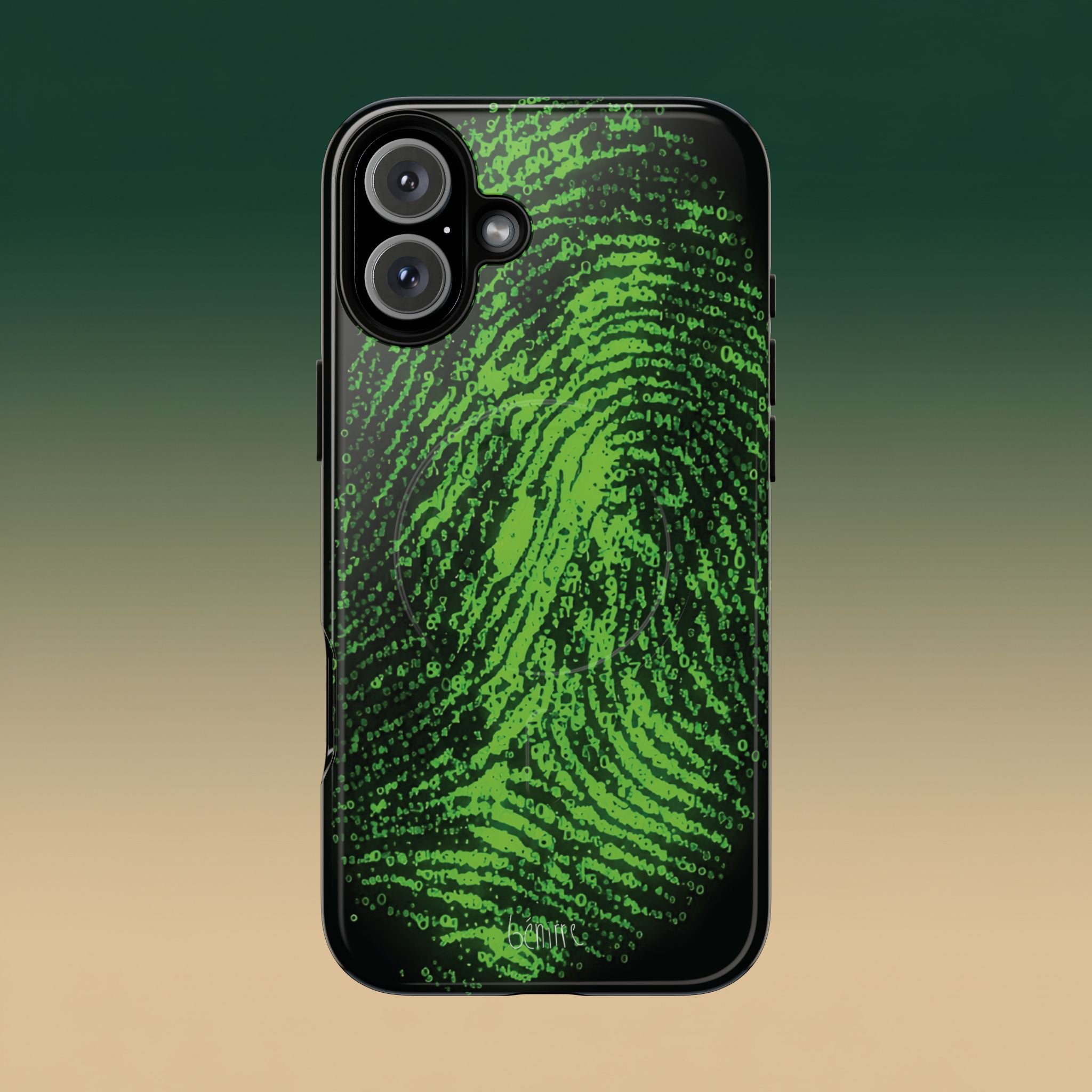 Benirre Whose iPhone 16 Pro phone case from the Imprint collection featuring green colour thumbprint composed by number 0 and 1.