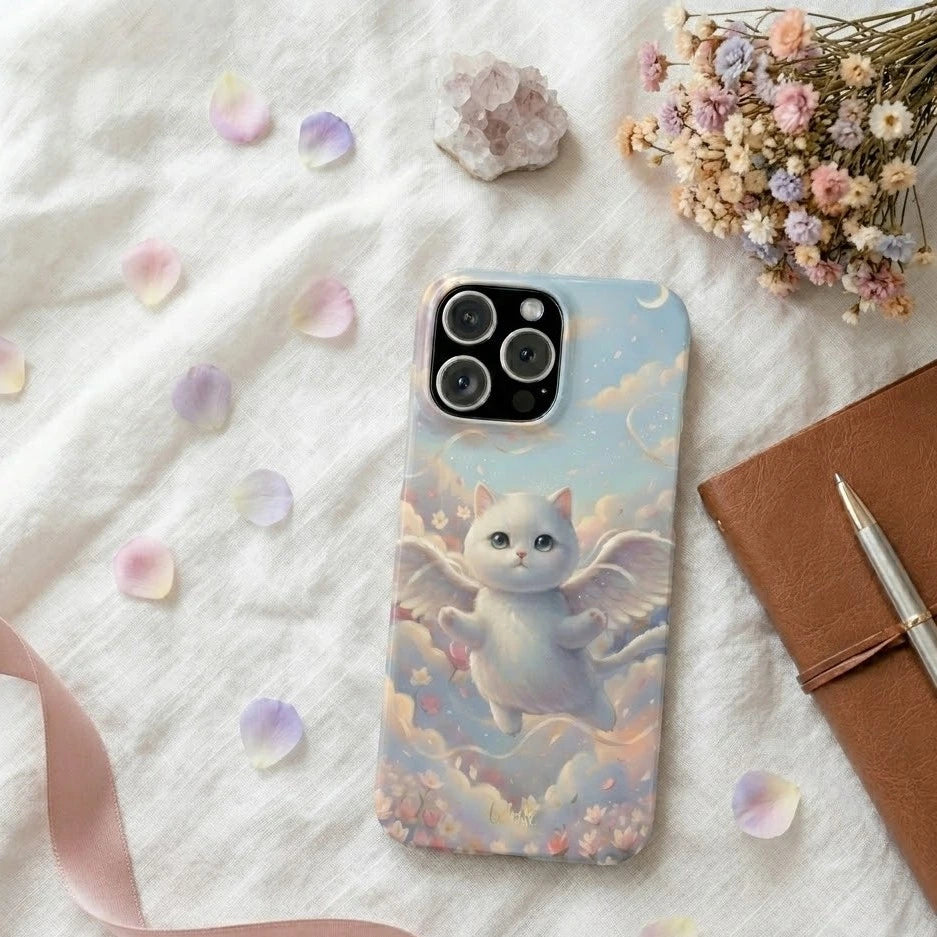 Benirre iPhone case with an angel cat romantic design laying on a white cloth with flowers and a notebook.