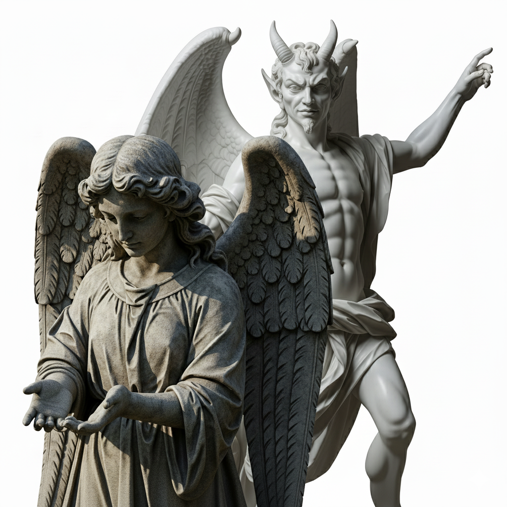 Statues of an angel and a devil on a white background