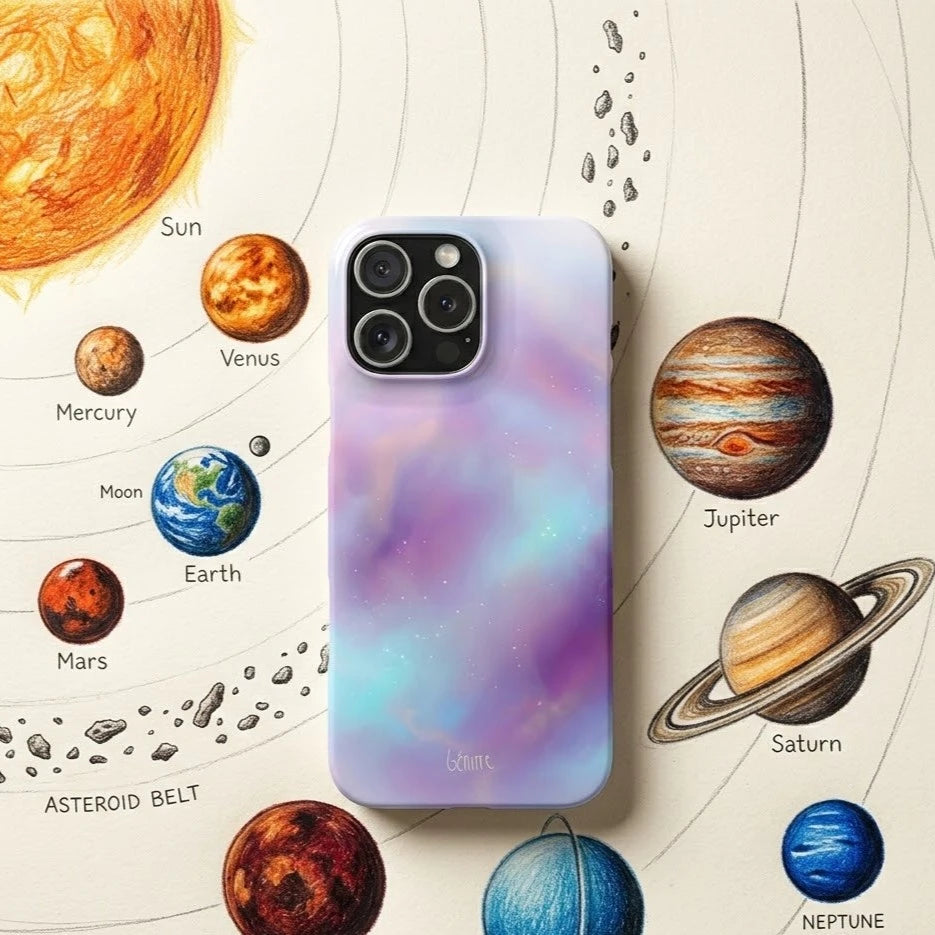  Benire phone case with galaxy design on a solar system diagram background.