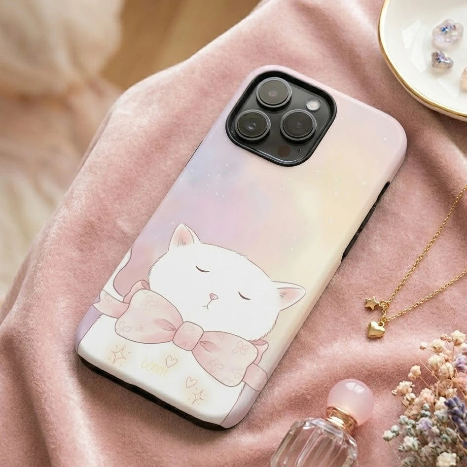Benirre iPhone case with a cat design on a pink surface placing next to jewelry and flowers.