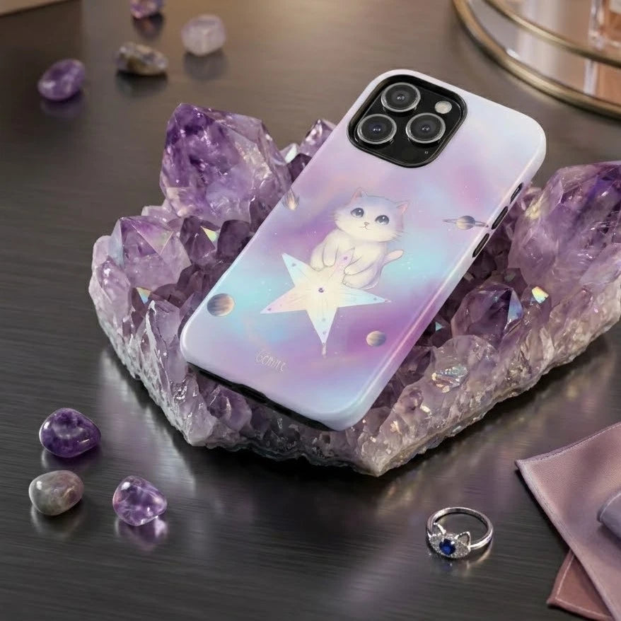 Benirre iPhone case with a cat design on a crystal.