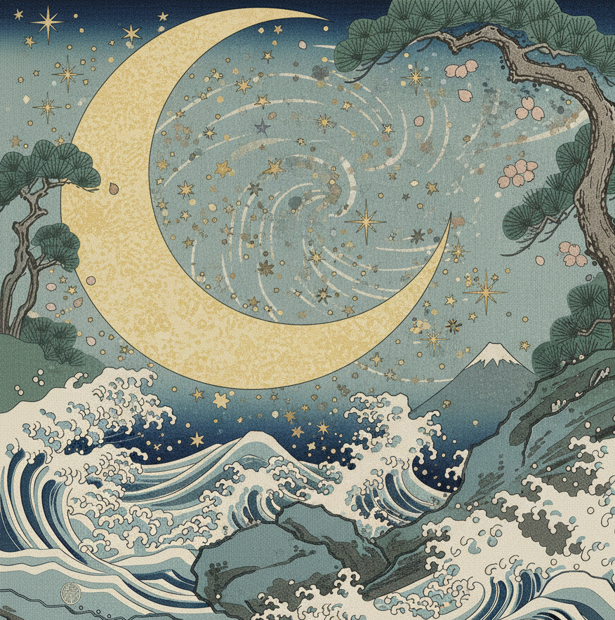 celestial design with crescent moon, stars, and waves