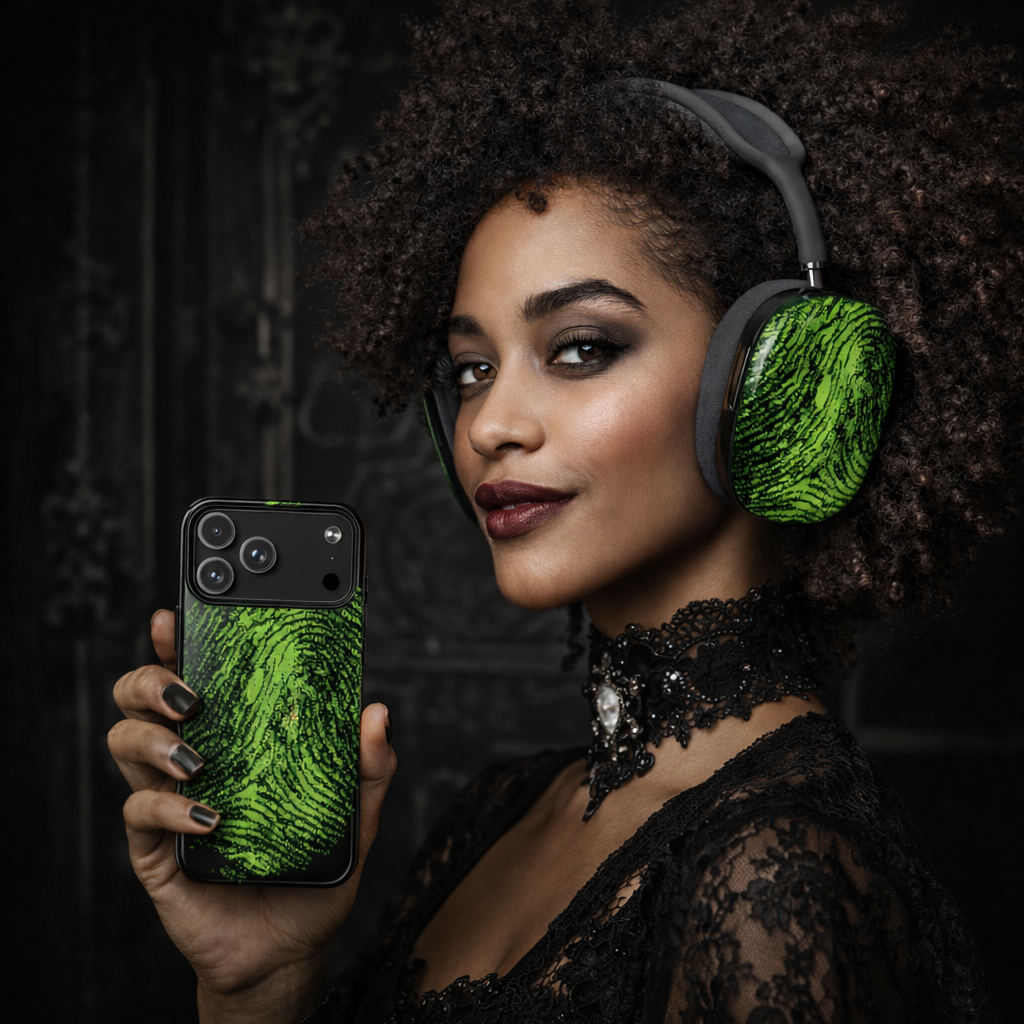 Benirre Whose phone case from the Imprint collection featuring green colour thumbprint composed by number 0 and 1.