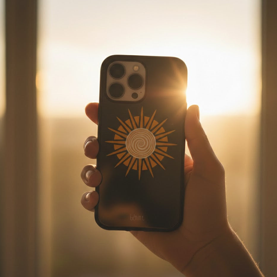 Hand holding a phone with a sun design case against a warm, blurred background